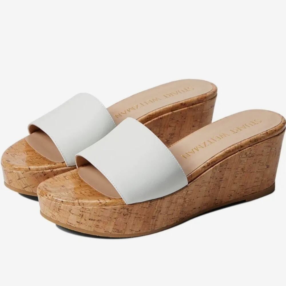 Stuart Weitzman Summer Wedge Sandals White Leather Size 10 Slide Minimalist